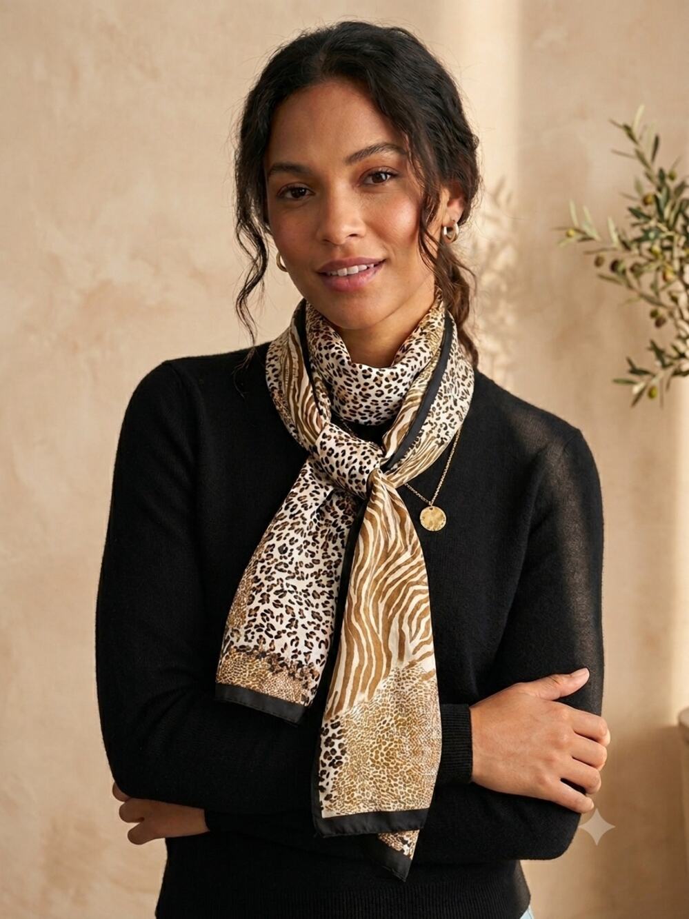 Accessory Street Silk Scarf Animal Patchwork Print Mixed Leopard Zebra